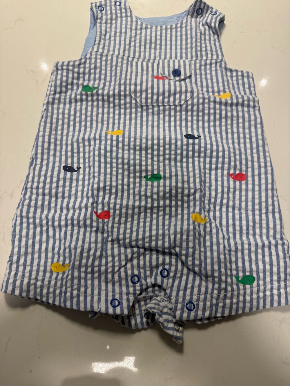 Little Me Blue & White Striped Seersucker Romper with Multicolor Fish